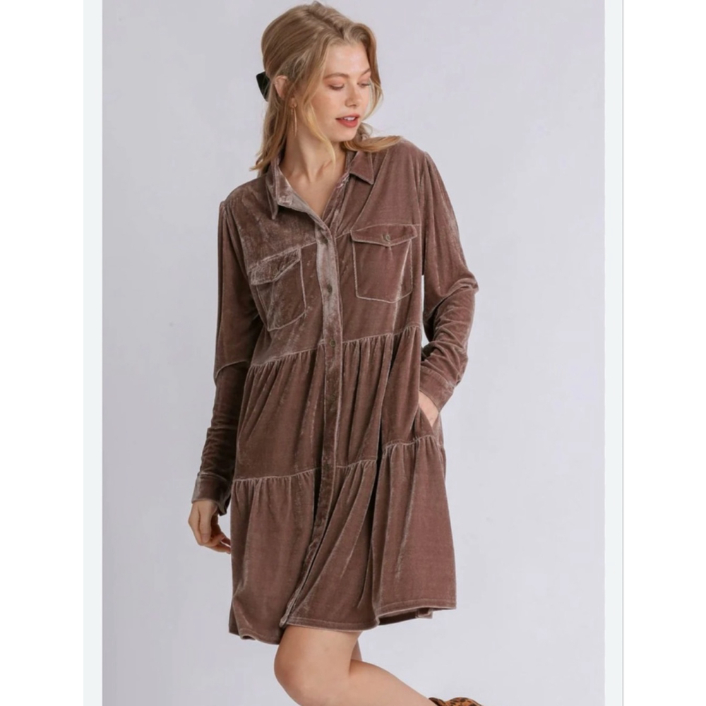 Umgee Brown Velvet Tiered Dress Button Front Shimmer Cottagecore Boho Size 1XL